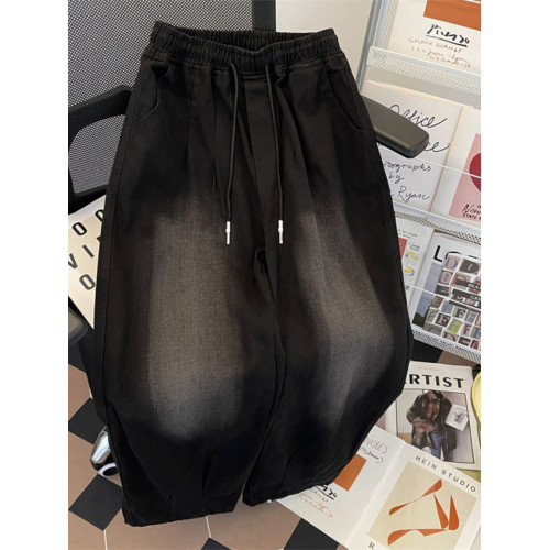 松緊腰牛仔褲男美式復古vintage褲子春秋季潮牌百搭寬松濶腿長褲