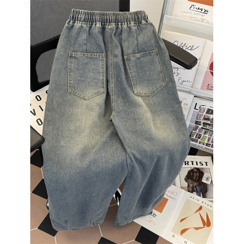 松緊腰牛仔褲男美式復古vintage褲子春秋季潮牌百搭寬松濶腿長褲