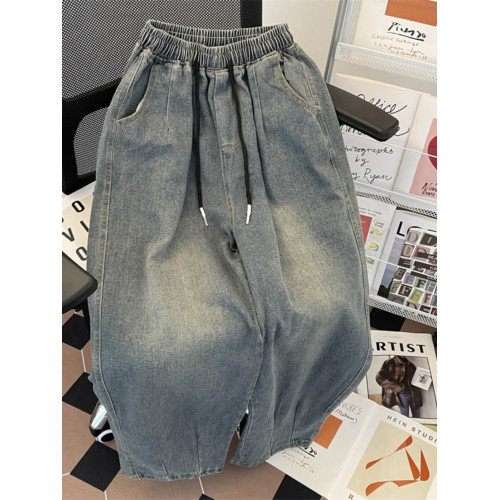 松緊腰牛仔褲男美式復古vintage褲子春秋季潮牌百搭寬松濶腿長褲