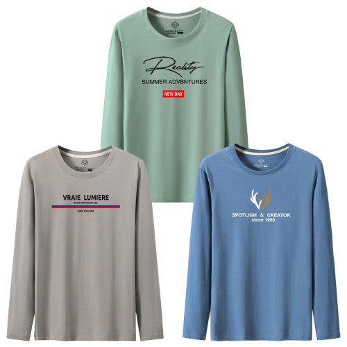 3件】純棉t恤男長袖寬松圓領薄款潮流個性體恤秋衣全棉打底衫男潮