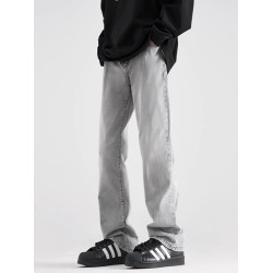 美式水洗菸灰色彈力牛仔褲男女秋季寬鬆直筒休閒褲cleanfit微喇褲