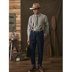 美式復古重磅條紋牛仔背帶褲阿美哢嘰吊帶日系寬松直筒工裝長褲男