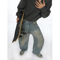 FUTUREBOY/原創設計做舊破壞工藝微寬松水洗牛仔褲顯瘦小衆彎刀褲