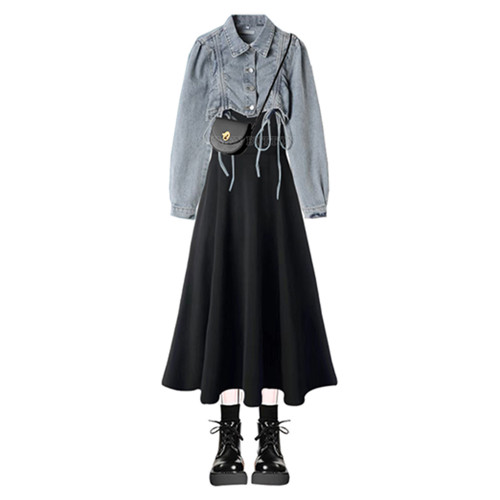 大碼2025春季新款女裝顯瘦復古風短款藍色牛仔外套連衣裙兩件套