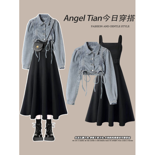 大碼2025春季新款女裝顯瘦復古風短款藍色牛仔外套連衣裙兩件套