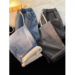 冬季加絨牛仔褲男加厚松緊腰男款寬松男士直筒濶腿男生秋冬褲子男