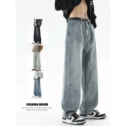 系皮帶款半松緊腰牛仔褲男長褲寬松直筒潮流休閒百搭秋季男生褲子 系皮帶款半松緊腰牛仔褲男長褲寬松直筒潮流休閒百搭秋季男生褲子