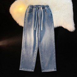 加絨加厚牛仔褲男秋冬季新款松緊腰抽繩寬松男士復古直筒濶腿褲子