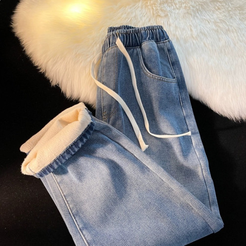 加絨加厚牛仔褲男秋冬季新款松緊腰抽繩寬松男士復古直筒濶腿褲子 加絨加厚牛仔褲男秋冬季新款松緊腰抽繩寬松男士復古直筒濶腿褲子