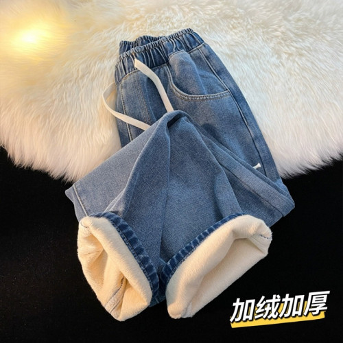 加絨加厚牛仔褲男秋冬季新款松緊腰抽繩寬松男士復古直筒濶腿褲子 加絨加厚牛仔褲男秋冬季新款松緊腰抽繩寬松男士復古直筒濶腿褲子