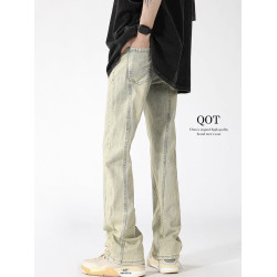 QOTRIOCK美式黃泥染微喇牛仔褲男女秋季潮拼接直筒褲大碼休閒長褲