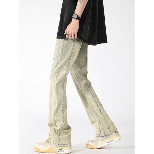 QOTRIOCK美式黃泥染微喇牛仔褲男女秋季潮拼接直筒褲大碼休閒長褲 QOTRIOCK美式黃泥染微喇牛仔褲男女秋季潮拼接直筒褲大碼休閒長褲