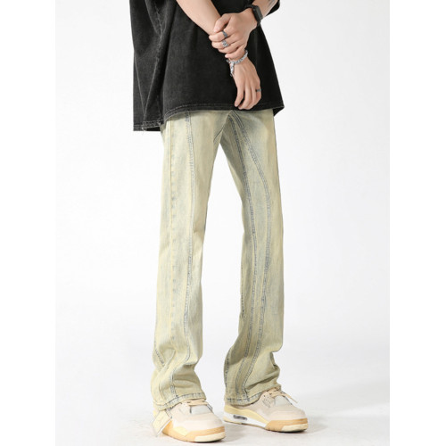 QOTRIOCK美式黃泥染微喇牛仔褲男女秋季潮拼接直筒褲大碼休閒長褲 QOTRIOCK美式黃泥染微喇牛仔褲男女秋季潮拼接直筒褲大碼休閒長褲