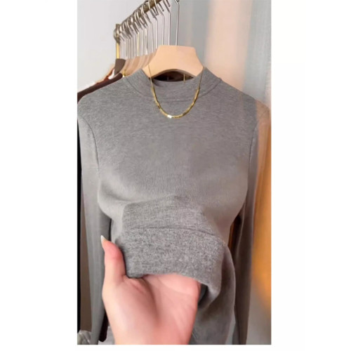 磨毛薄絨T恤女修身保暖長袖上衣秋冬曡穿小立領半高領內搭打底衫