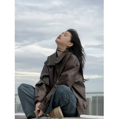 美拉德短款機車皮衣外套女2025年新款春秋季棕色高級感小個子夾克 美拉德短款機車皮衣外套女2025年新款春秋季棕色高級感小個子夾克