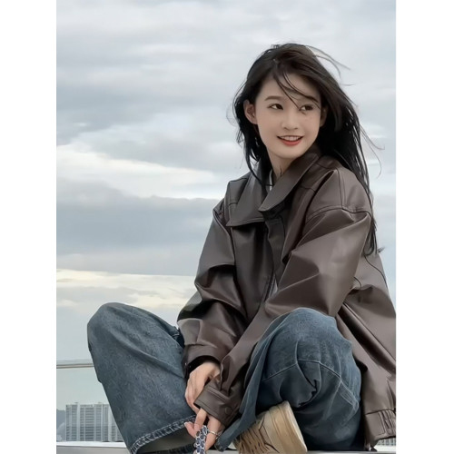 美拉德短款機車皮衣外套女2025年新款春秋季棕色高級感小個子夾克 美拉德短款機車皮衣外套女2025年新款春秋季棕色高級感小個子夾克