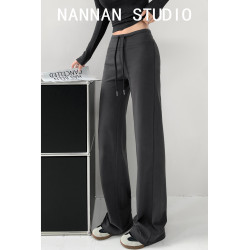 慵懶理想型~垂感顯瘦遮肉拖地濶腿褲女春秋季休閒灰色瑜珈運動褲