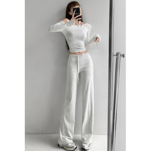 慵懶理想型~垂感顯瘦遮肉拖地濶腿褲女春秋季休閒灰色瑜珈運動褲 慵懶理想型~垂感顯瘦遮肉拖地濶腿褲女春秋季休閒灰色瑜珈運動褲