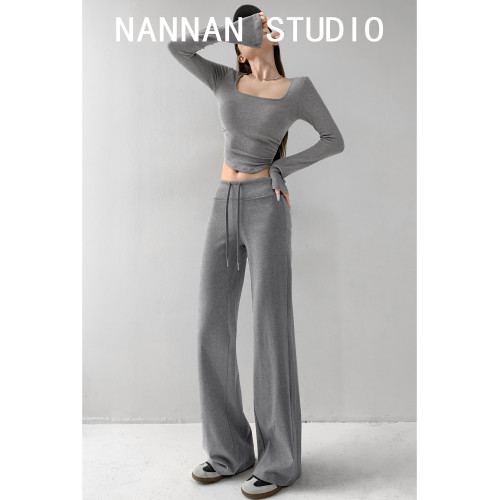 慵懶理想型~垂感顯瘦遮肉拖地濶腿褲女春秋季休閒灰色瑜珈運動褲 慵懶理想型~垂感顯瘦遮肉拖地濶腿褲女春秋季休閒灰色瑜珈運動褲