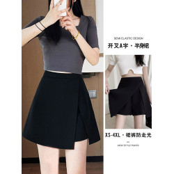 氣質大碼胖mm高腰顯瘦遮肉小個子黑色半身裙女夏開叉A字裙褲短裙