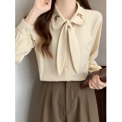 職業輕熟風設計感杏色襯衫女法式系帶襯衣秋冬遮肚子顯瘦長袖上衣