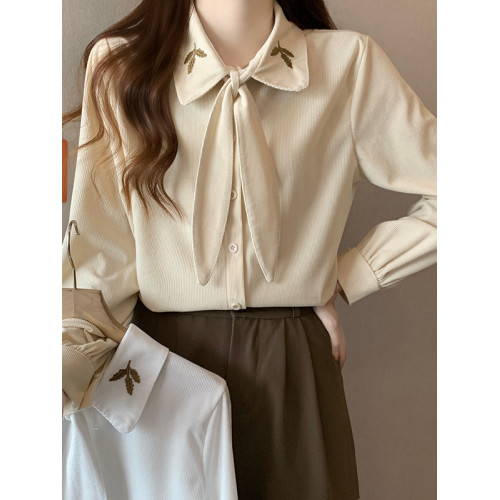 職業輕熟風設計感杏色襯衫女法式系帶襯衣秋冬遮肚子顯瘦長袖上衣