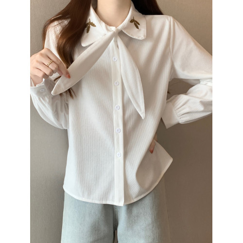 職業輕熟風設計感杏色襯衫女法式系帶襯衣秋冬遮肚子顯瘦長袖上衣