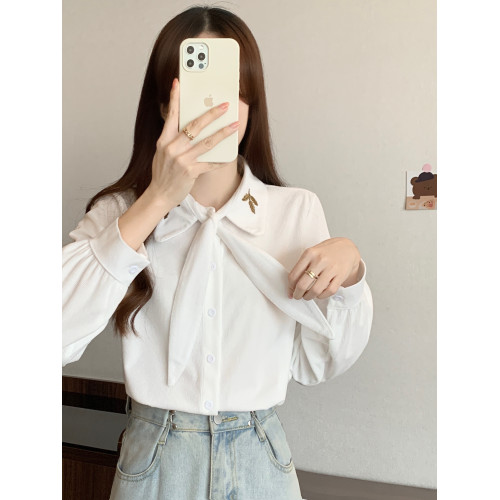 職業輕熟風設計感杏色襯衫女法式系帶襯衣秋冬遮肚子顯瘦長袖上衣