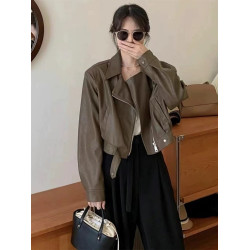 棕色pu皮衣外套女春秋2025新款寬松港風小個子短款夾克機車服上衣