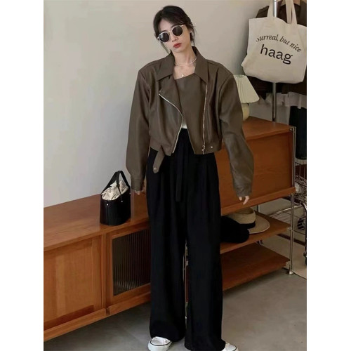 棕色pu皮衣外套女春秋2025新款寬松港風小個子短款夾克機車服上衣 棕色pu皮衣外套女春秋2025新款寬松港風小個子短款夾克機車服上衣