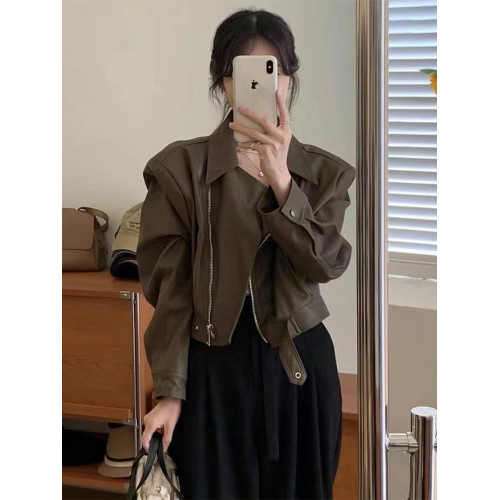 棕色pu皮衣外套女春秋2025新款寬松港風小個子短款夾克機車服上衣 棕色pu皮衣外套女春秋2025新款寬松港風小個子短款夾克機車服上衣