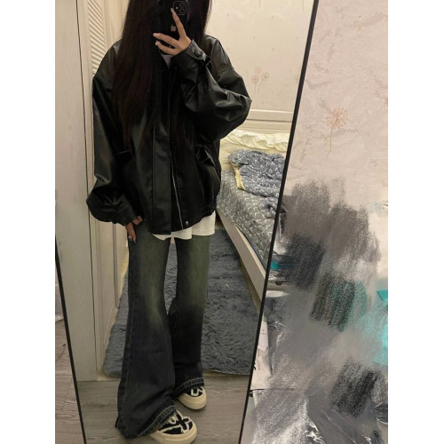 大碼酷帥氣黑色pu皮衣女秋冬美式復古設計感休閒寬松機車夾克外套 大碼酷帥氣黑色pu皮衣女秋冬美式復古設計感休閒寬松機車夾克外套