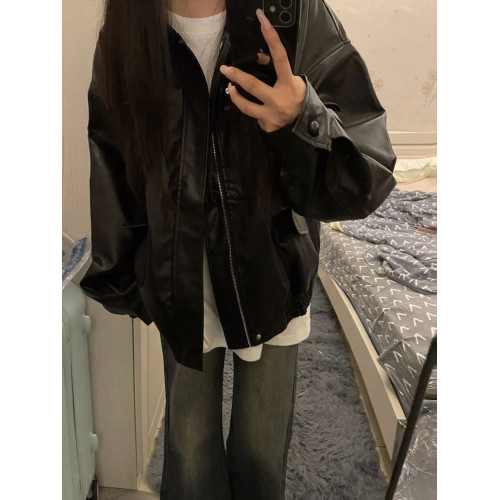 大碼酷帥氣黑色pu皮衣女秋冬美式復古設計感休閒寬松機車夾克外套 大碼酷帥氣黑色pu皮衣女秋冬美式復古設計感休閒寬松機車夾克外套