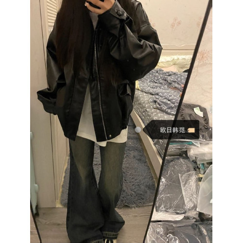 大碼酷帥氣黑色pu皮衣女秋冬美式復古設計感休閒寬松機車夾克外套 大碼酷帥氣黑色pu皮衣女秋冬美式復古設計感休閒寬松機車夾克外套