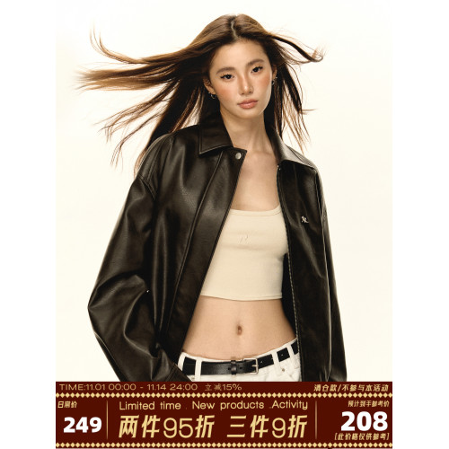 Ariseism 美式復古翻領皮衣外套女2025秋季新款寬松pu皮夾克上衣 Ariseism 美式復古翻領皮衣外套女2025秋季新款寬松pu皮夾克上衣