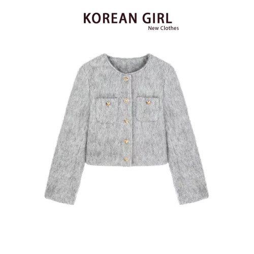 小香風灰色短款毛呢外套女秋冬季款高級感氣質小個子夾棉呢子上衣 小香風灰色短款毛呢外套女秋冬季款高級感氣質小個子夾棉呢子上衣