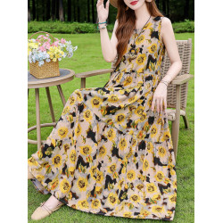 夏季棉綢連衣裙新款三亞年輕款吊帶沙灘裙女無袖度假裙子長裙飄逸