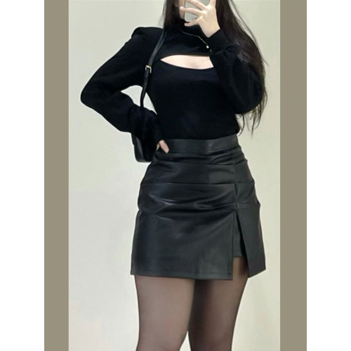 辣妹黑色皮裙褶皺半身裙女春秋大碼胖mm高腰a字設計感PU皮a字短裙 辣妹黑色皮裙褶皺半身裙女春秋大碼胖mm高腰a字設計感PU皮a字短裙