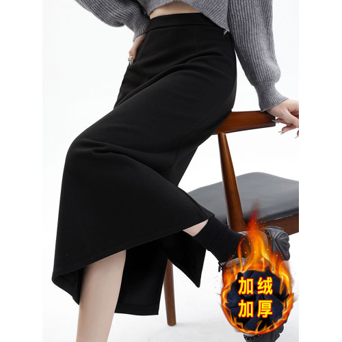 黑色加絨加厚毛呢半身裙女秋冬中長款高腰顯瘦直筒開叉a字包臀裙