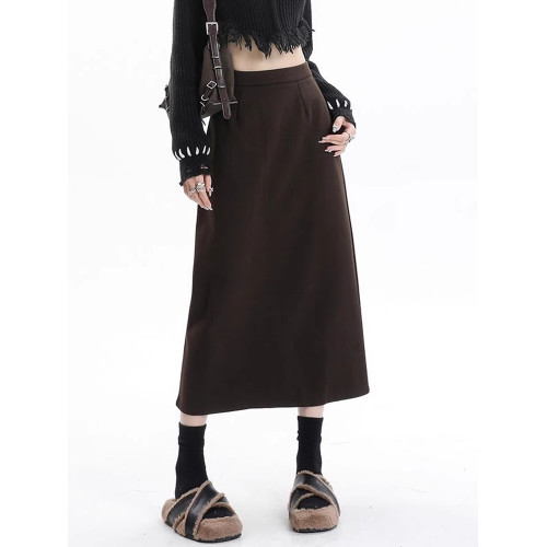 黑色加絨加厚毛呢半身裙女秋冬中長款高腰顯瘦直筒開叉a字包臀裙