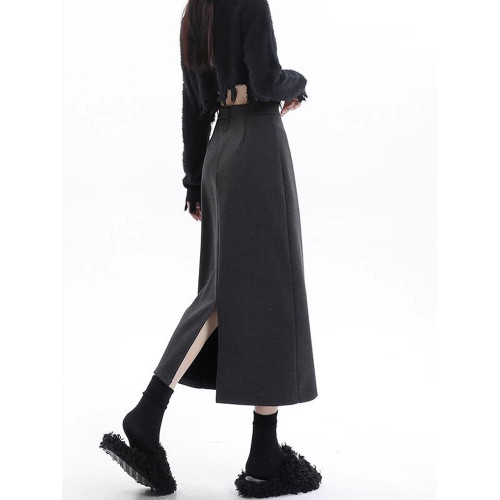 黑色加絨加厚毛呢半身裙女秋冬中長款高腰顯瘦直筒開叉a字包臀裙