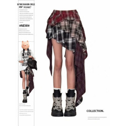 大碼設計感小衆拼接格子半身裙子女夏季新款不規則撞色中長裙ins