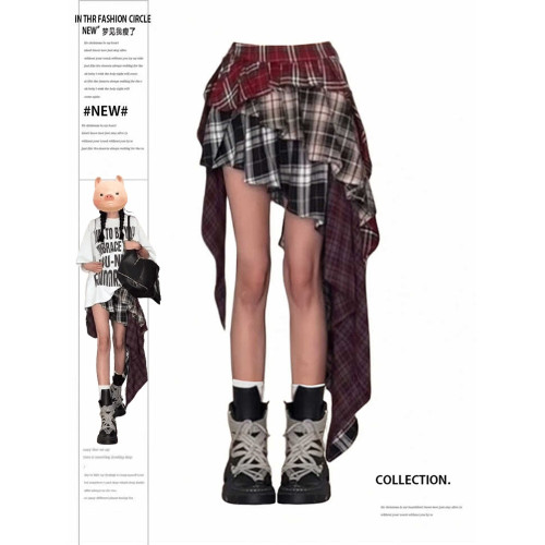 大碼設計感小衆拼接格子半身裙子女夏季新款不規則撞色中長裙ins