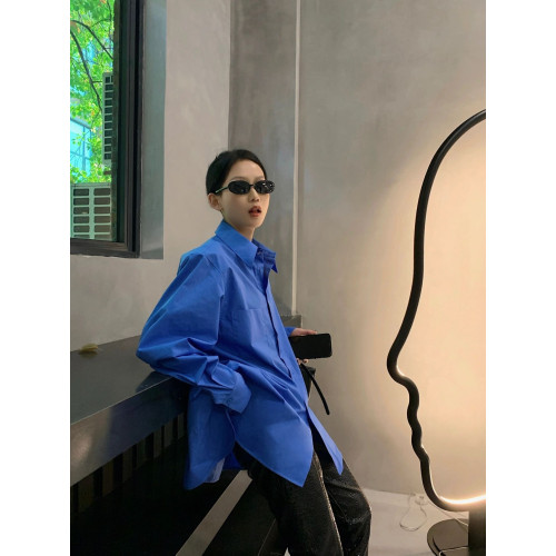 寬松慵懶風長袖別致克萊因藍襯衫女2025新款高級感曡穿上衣薄外套