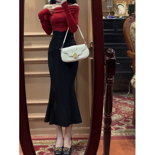 魚尾裙包臀半身裙女秋冬加絨加厚高腰黑色彈力緊身性感開叉長裙子 魚尾裙包臀半身裙女秋冬加絨加厚高腰黑色彈力緊身性感開叉長裙子