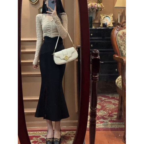 魚尾裙包臀半身裙女秋冬加絨加厚高腰黑色彈力緊身性感開叉長裙子 魚尾裙包臀半身裙女秋冬加絨加厚高腰黑色彈力緊身性感開叉長裙子