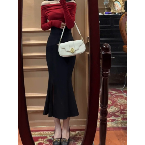 魚尾裙包臀半身裙女秋冬加絨加厚高腰黑色彈力緊身性感開叉長裙子 魚尾裙包臀半身裙女秋冬加絨加厚高腰黑色彈力緊身性感開叉長裙子