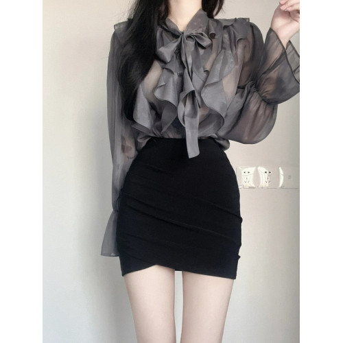 黑色短裙女新款秋季職業顯瘦半身裙子高腰緊身包臀裙性感褶皺包裙