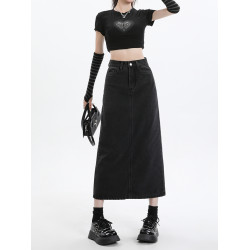 拉夏貝爾黑色牛仔半身裙女秋冬季2025新款開叉a字中長款包臀裙子