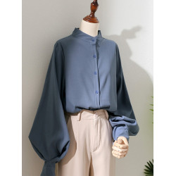 秋新款燈籠袖白色襯衫女長袖磨毛上衣韓版寬松港味立領泡泡袖襯衣